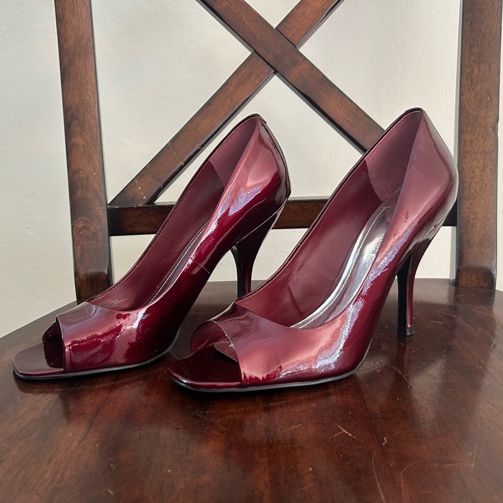 BCBGeneration Glossy Maroon Peep-Toe Heels